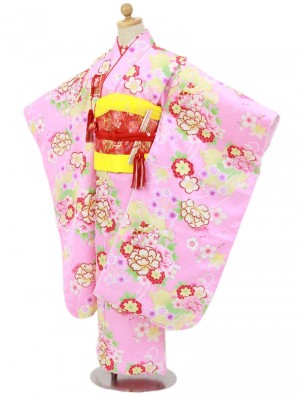 七五三 7歳女の子着物セット 赤 山吹色 秋桜 桜 緑 結び帯 手毬 お正月