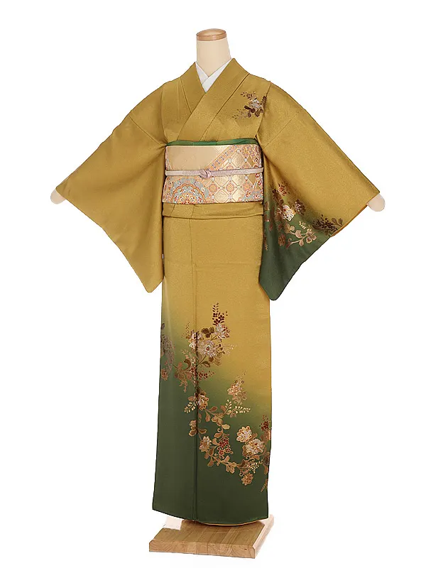 訪問着(S003)正絹 からし色地 牡丹唐草模様 花鳥模様(低身長)