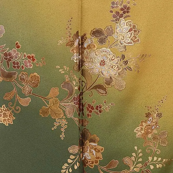 訪問着(S003)正絹 からし色地 牡丹唐草模様 花鳥模様(低身長)