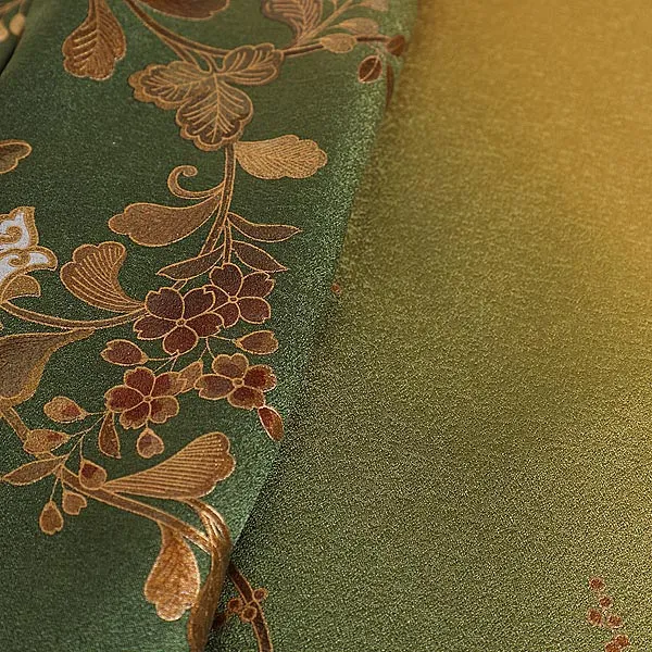 訪問着(S003)正絹 からし色地 牡丹唐草模様 花鳥模様(低身長)