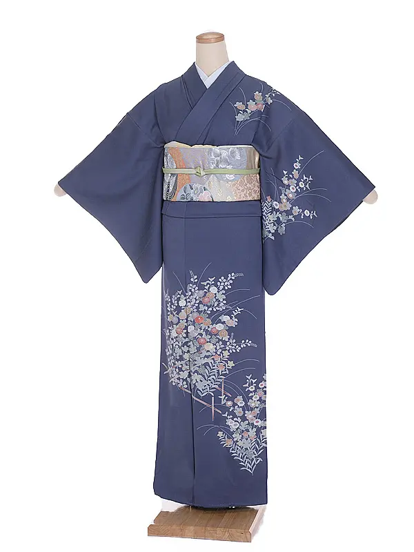 訪問着(S006)正絹 グレー系 秋草(低身長)