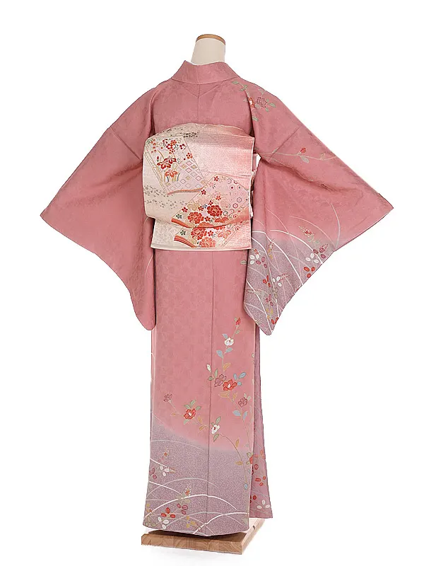 訪問着(S007)正絹 ピンク系 萩 赤遠州椿