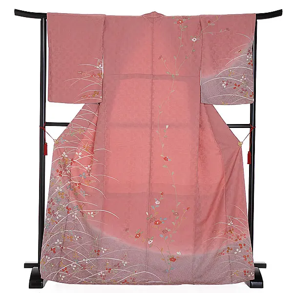 訪問着(S007)正絹 ピンク系 萩 赤遠州椿