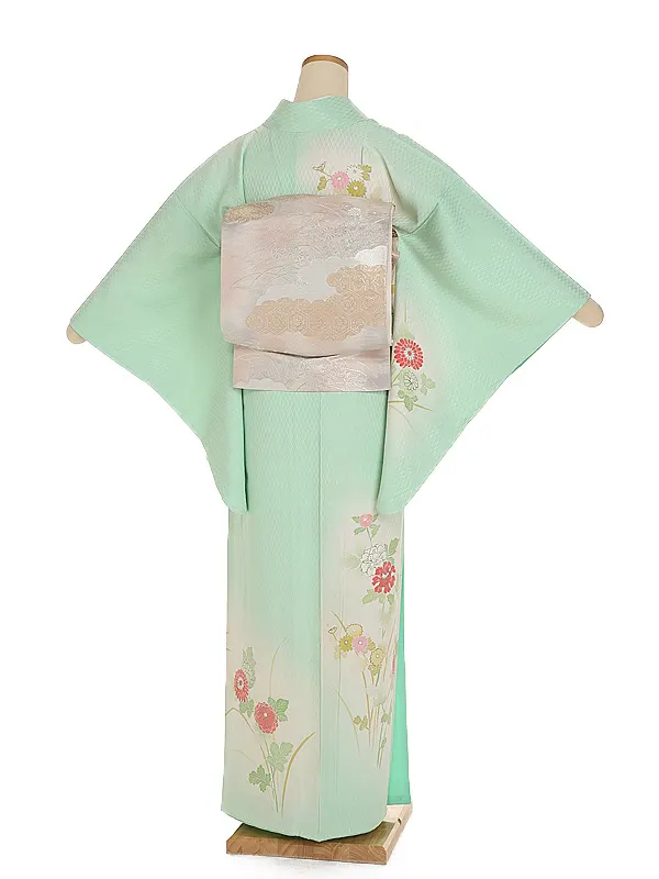 訪問着(S008)正絹 緑系 四季草花 花百姿 万葉菊(低身長)