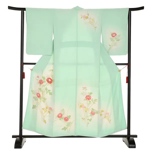 訪問着(S008)正絹 緑系 四季草花 花百姿 万葉菊(低身長)