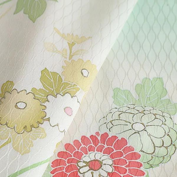 訪問着(S008)正絹 緑系 四季草花 花百姿 万葉菊(低身長)