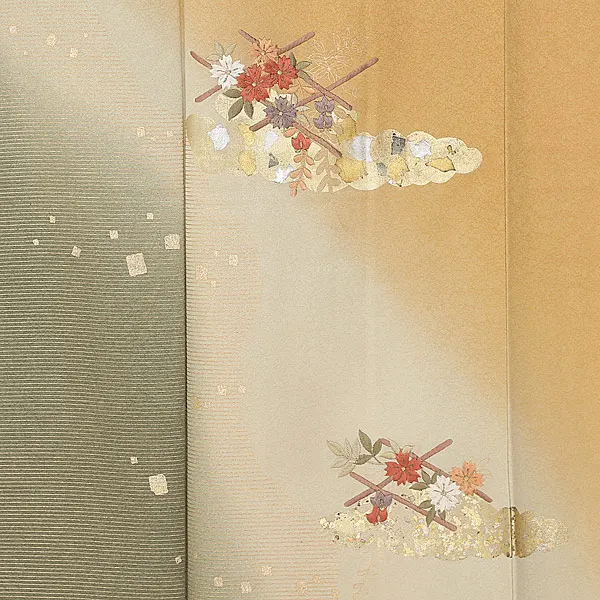 訪問着(S016)正絹 花々 一つ紋 色衿グリーン付き