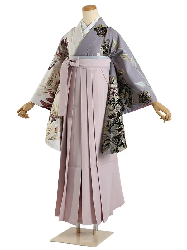 袴 レンタル 0249 アシンメトリ 四季の花紫ベージュ×ペールピンク袴
