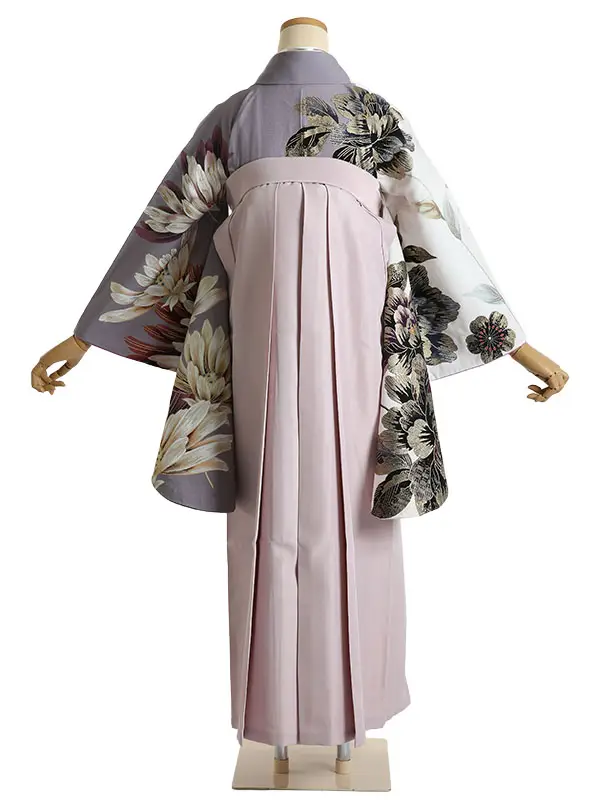 袴 レンタル 0249 アシンメトリ 四季の花紫ベージュ×ペールピンク袴