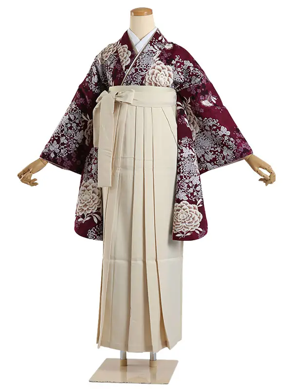 袴 レンタル 0250 臙脂色 花の丸×ベージュ袴