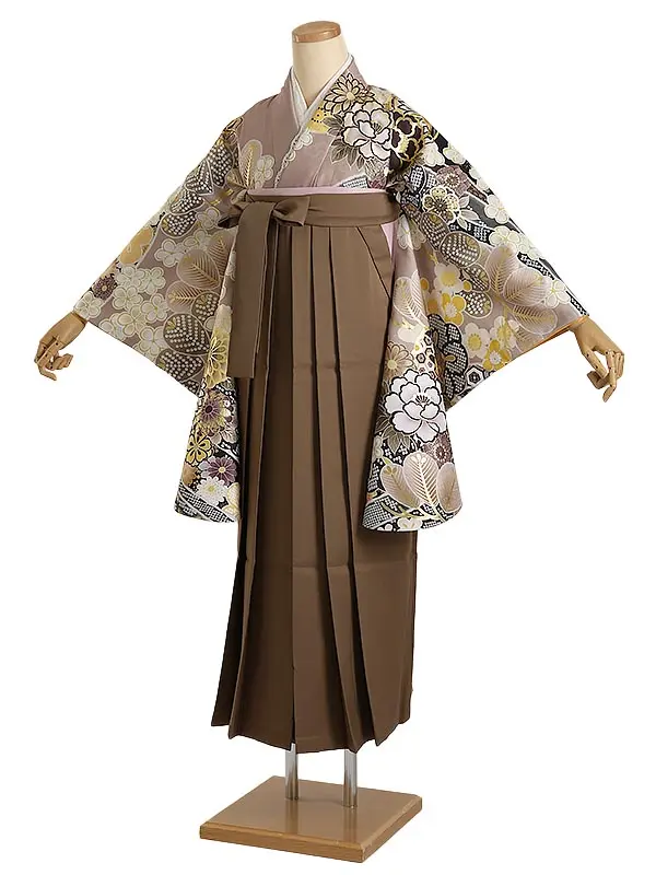 袴 レンタル Q137 森七菜 ブラウン 花尽くし 古典×こげ茶袴 レース衿