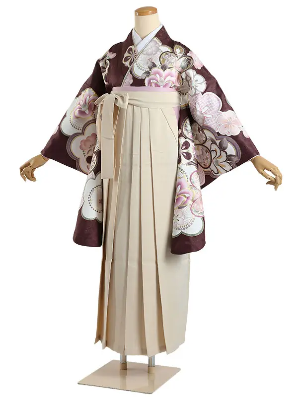 袴 レンタル Q211 焦げ茶 桜に吉祥文様×ベージュ袴