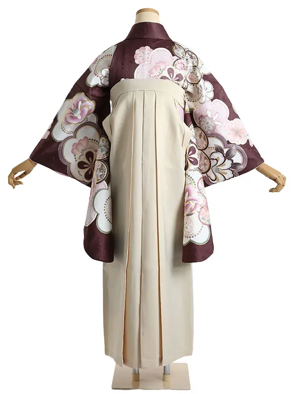 袴 レンタル Q211 焦げ茶 桜に吉祥文様×ベージュ袴