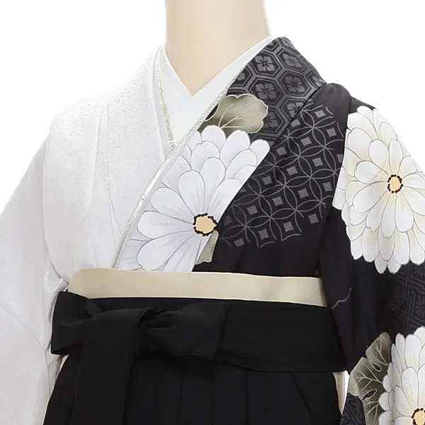 女性袴 アシンメトリー 雪輪に菊×黒 桜刺繍袴 0255
