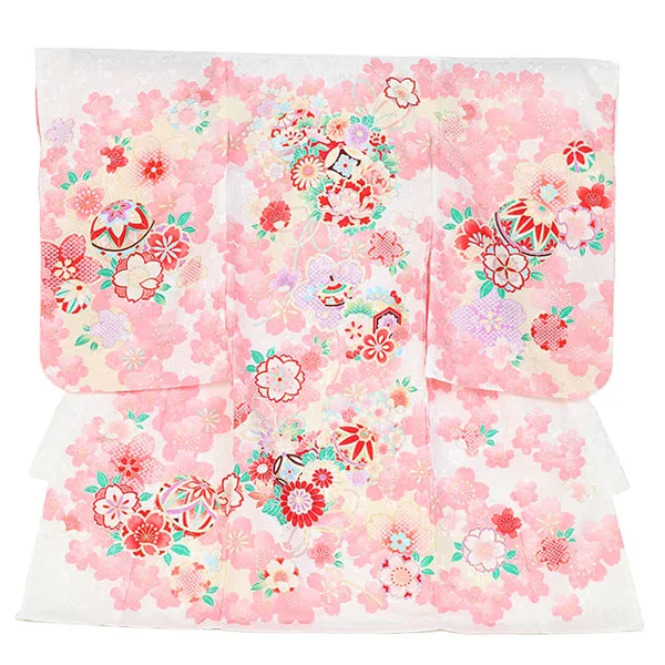 女児[単衣産着] 夏向け 0311 古典花柄 桜吹雪 花薬玉 吉祥文様 ピンク