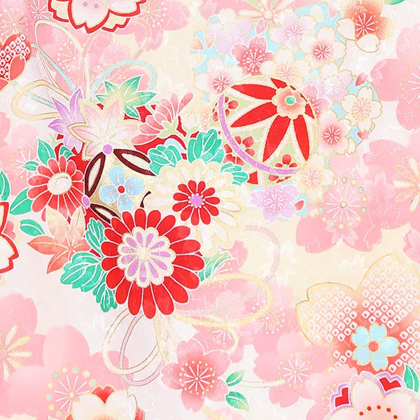 女児[単衣産着] 夏向け 0311 古典花柄 桜吹雪 花薬玉 吉祥文様 ピンク