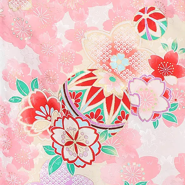 女児[単衣産着] 夏向け 0311 古典花柄 桜吹雪 花薬玉 吉祥文様 ピンク