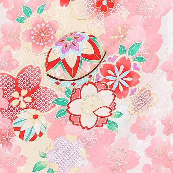 女児[単衣産着] 夏向け 0311 古典花柄 桜吹雪 花薬玉 吉祥文様 ピンク