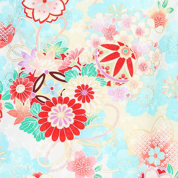女児[単衣産着] 夏向け 0312 古典花柄 桜吹雪 花薬玉 吉祥文様 水色