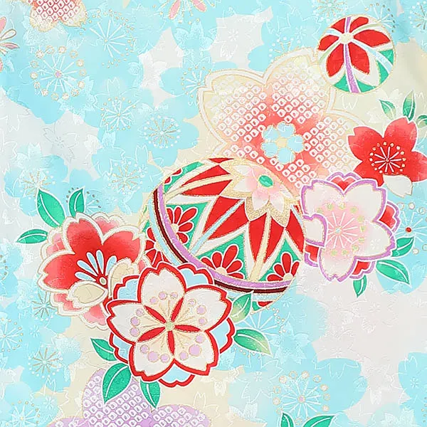 女児[単衣産着] 夏向け 0312 古典花柄 桜吹雪 花薬玉 吉祥文様 水色