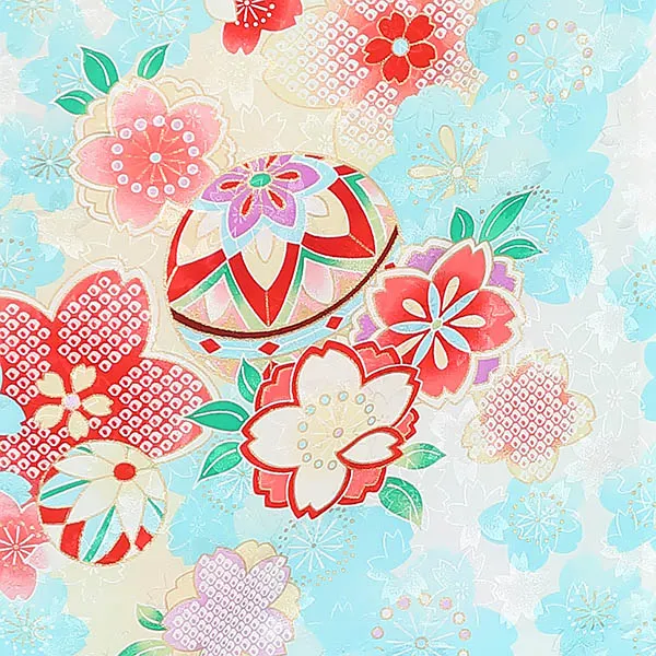 女児[単衣産着] 夏向け 0312 古典花柄 桜吹雪 花薬玉 吉祥文様 水色