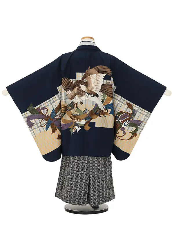 かんたん七五三(5歳男袴)H662 紺地鷹に熨斗×濃グレー袴