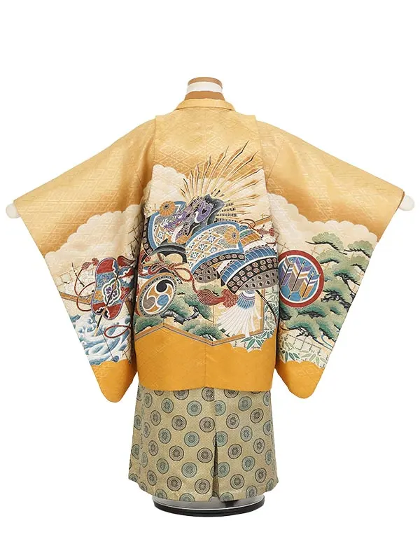 七五三(5歳男袴)K508 兜に屏風 松竹梅 からし色