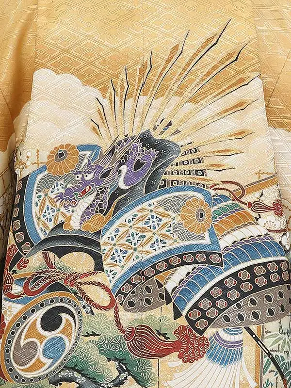 七五三(5歳男袴)K508 兜に屏風 松竹梅 からし色