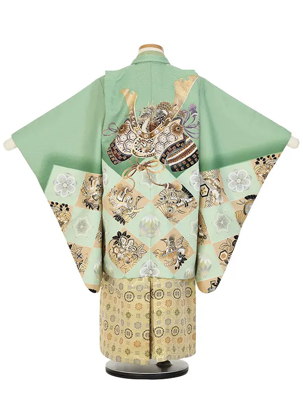 かんたん七五三(5歳男袴)Z536 兜 変わり市松 松竹梅 宝尽くし