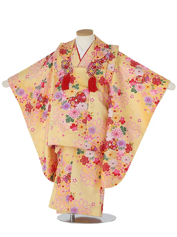 七五三レンタル(3歳女被布)3008 黄色 鼓