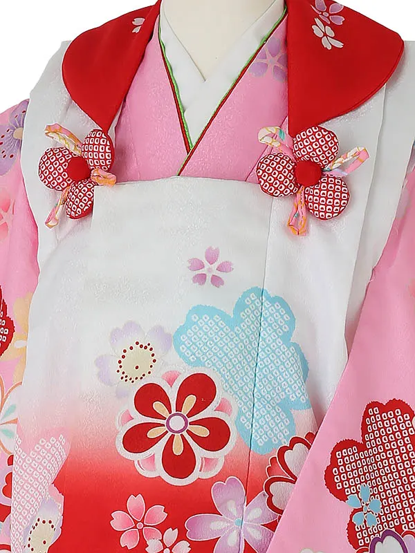 七五三レンタル(3歳女被布)3024 陽気な天使 白赤×ピンク 花