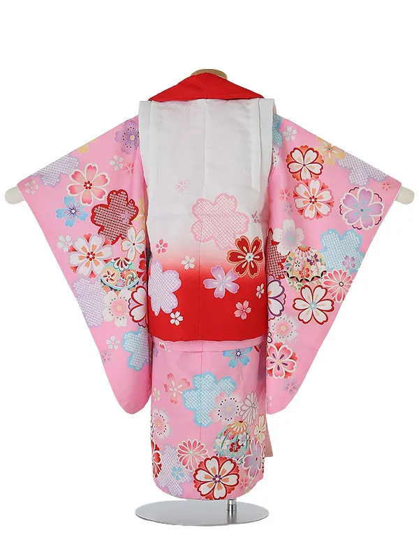 七五三レンタル(3歳女被布)3024 陽気な天使 白赤×ピンク 花
