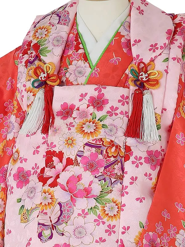 七五三レンタル(3歳女被布)3025 ﾋﾟﾝｸ×赤橙 花