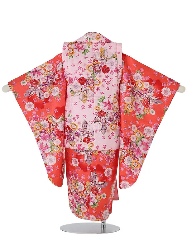 七五三レンタル(3歳女被布)3025 ﾋﾟﾝｸ×赤橙 花