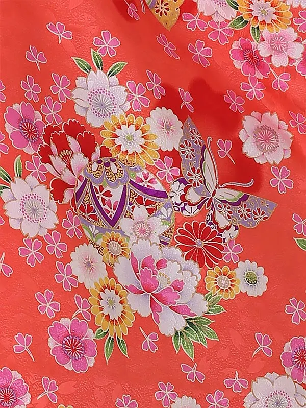 七五三レンタル(3歳女被布)3025 ﾋﾟﾝｸ×赤橙 花