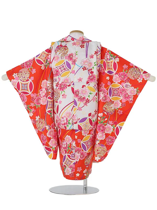 七五三レンタル(3歳女被布)3026 白×オレンジ 花