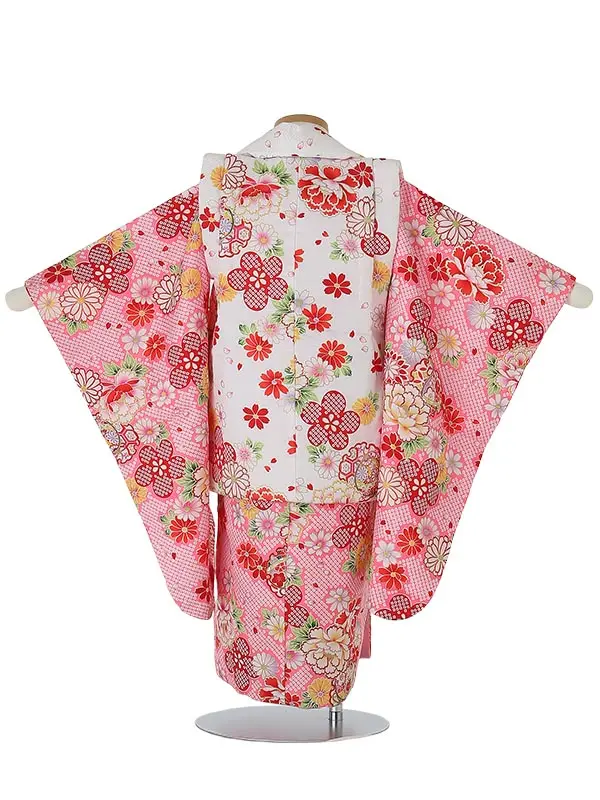 七五三レンタル(3歳女被布)3030 白×ピンク 牡丹