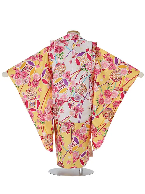 七五三レンタル(3歳女被布)3031 白×黄色 花