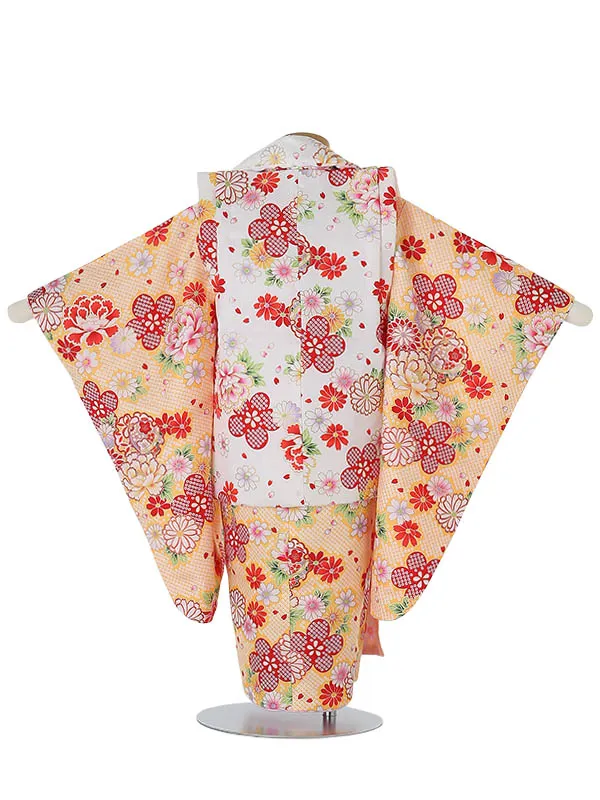 七五三レンタル(3歳女被布)3038 白×山吹色 牡丹