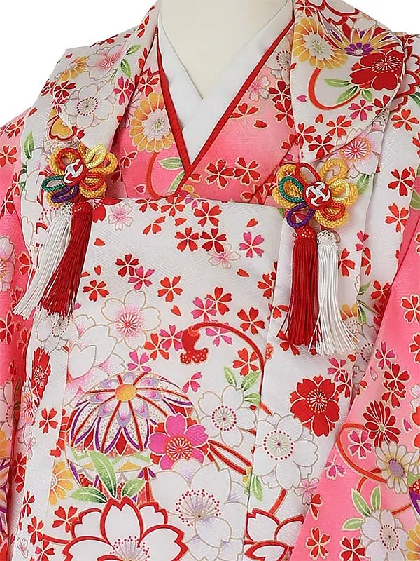 七五三レンタル(3歳女被布)3039 白×ﾋﾟﾝｸ 花