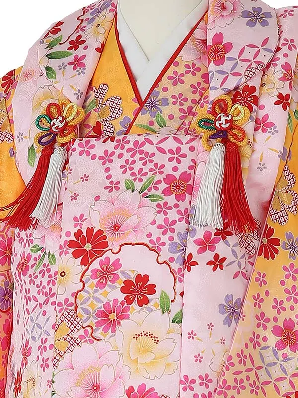 七五三レンタル(3歳女被布)3040 ﾋﾟﾝｸ×黄色 小花