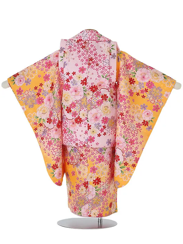 七五三レンタル(3歳女被布)3040 ﾋﾟﾝｸ×黄色 小花