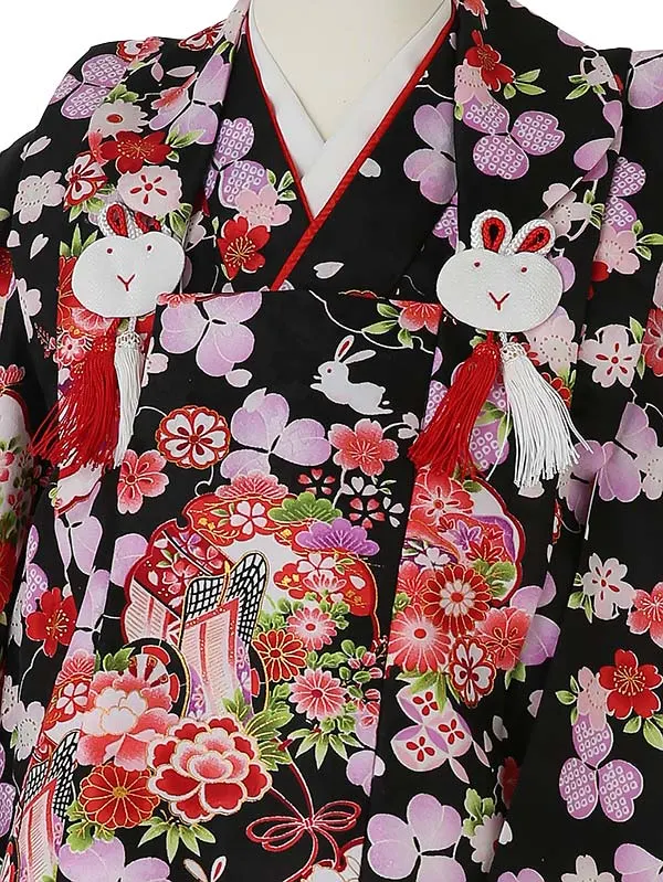七五三レンタル(3歳女被布)3044 黒地 桜