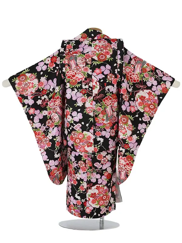 七五三レンタル(3歳女被布)3044 黒地 桜