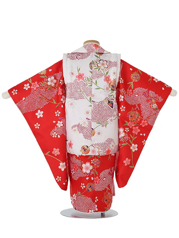 七五三レンタル(3歳女被布)3047 白×赤 桜