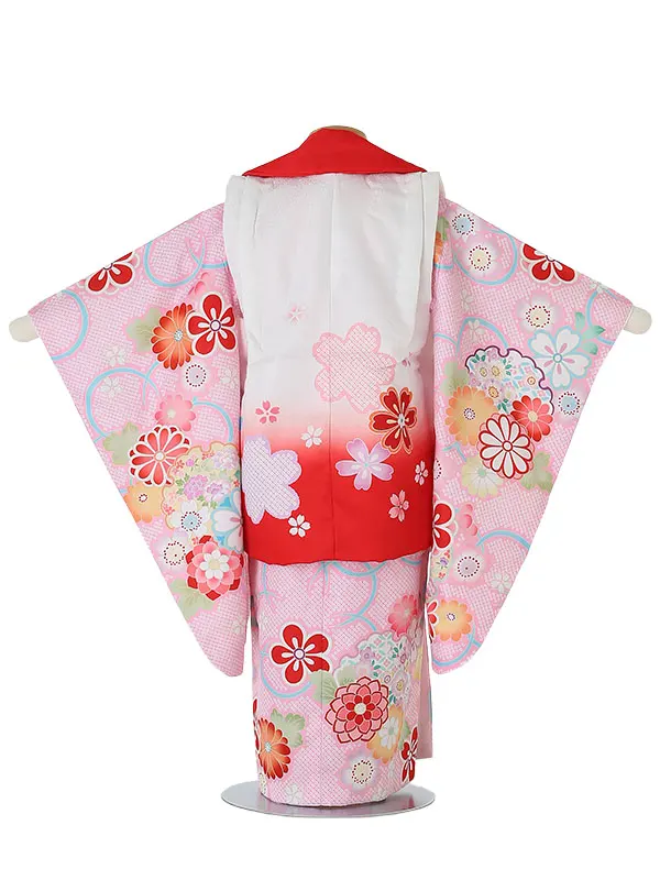 七五三レンタル(3歳女被布)3060 陽気な天使 赤ぼかし×ﾋﾟﾝｸ 桜