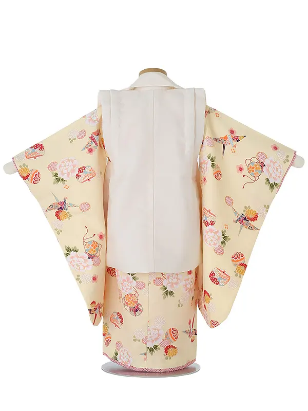 七五三レンタル(3歳女被布)3066 R・KIKUCHI 白×薄黄色 折り鶴