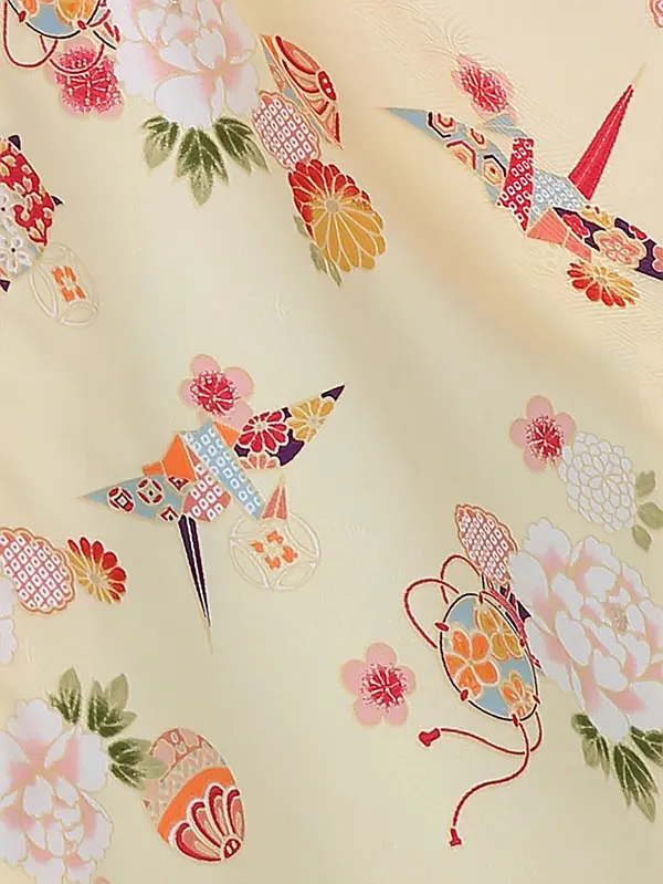 七五三レンタル(3歳女被布)3066 R・KIKUCHI 白×薄黄色 折り鶴