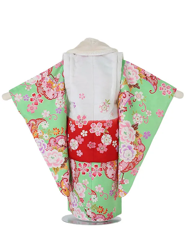 七五三レンタル(3歳女被布)3070 kawaiina 赤ぼかし×黄緑 桜
