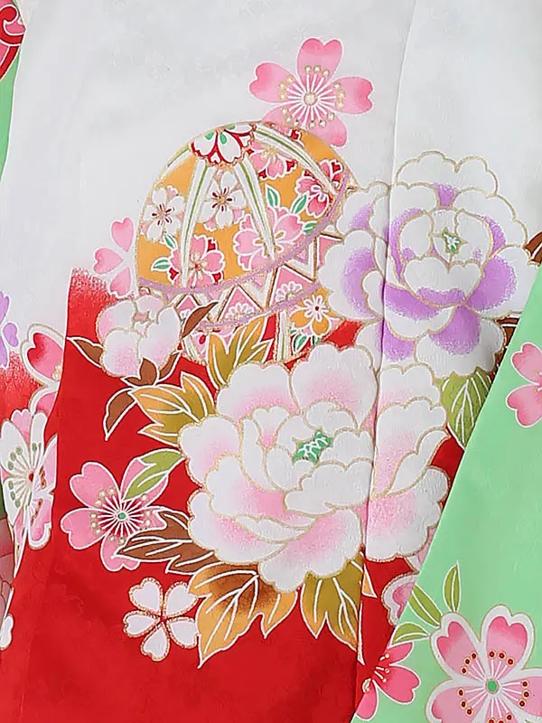七五三レンタル(3歳女被布)3070 kawaiina 赤ぼかし×黄緑 桜